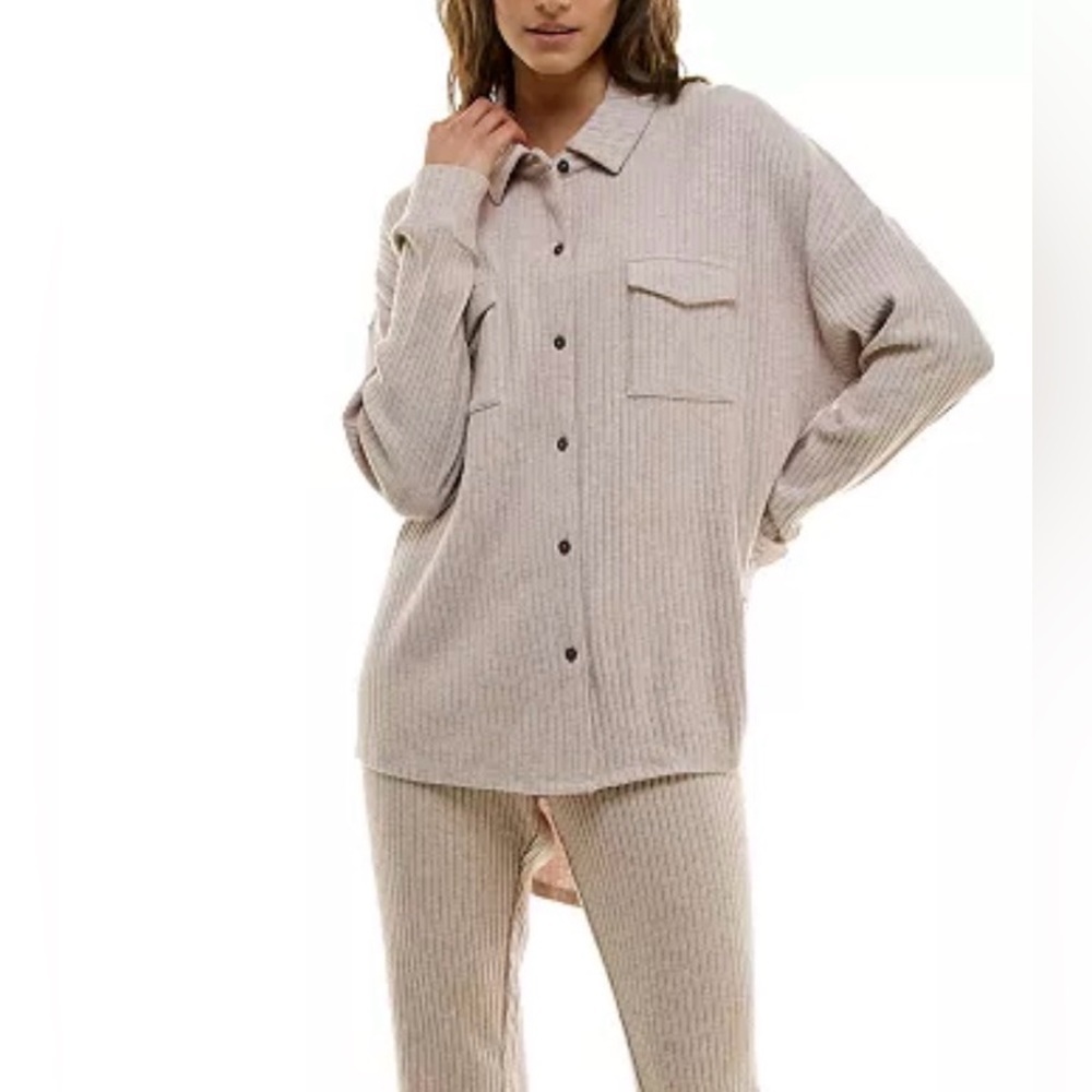 Roudelain Women's Ribbed Sweater-Knit Sleep Tunic Button-Up Top Light Taupe Med